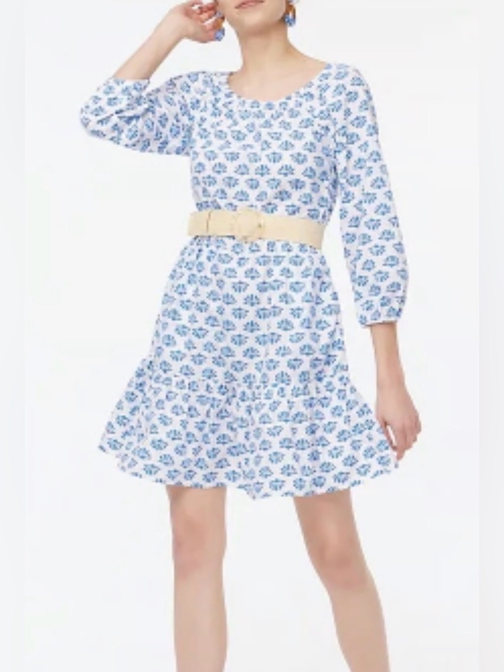 J.Crew Factory block print blue cotton blend tiered dress shell pattern Sz 8